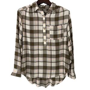 By Anthropologie Isadora Button Back Plaid Blouse Olive Green Brown Women Medium